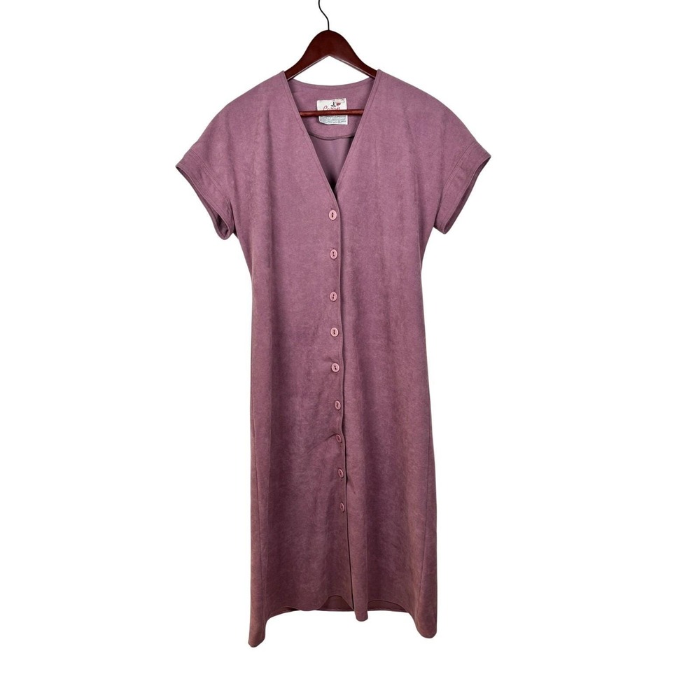 Caron Midi Dress Women 10 Mauve Purple Faux Suede Button Front Vintage V-Neck‎